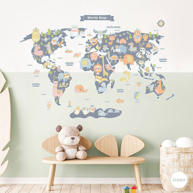 Hayvanlar Alemi Dünya Haritası İngilizce Duvar Sticker-Mavi